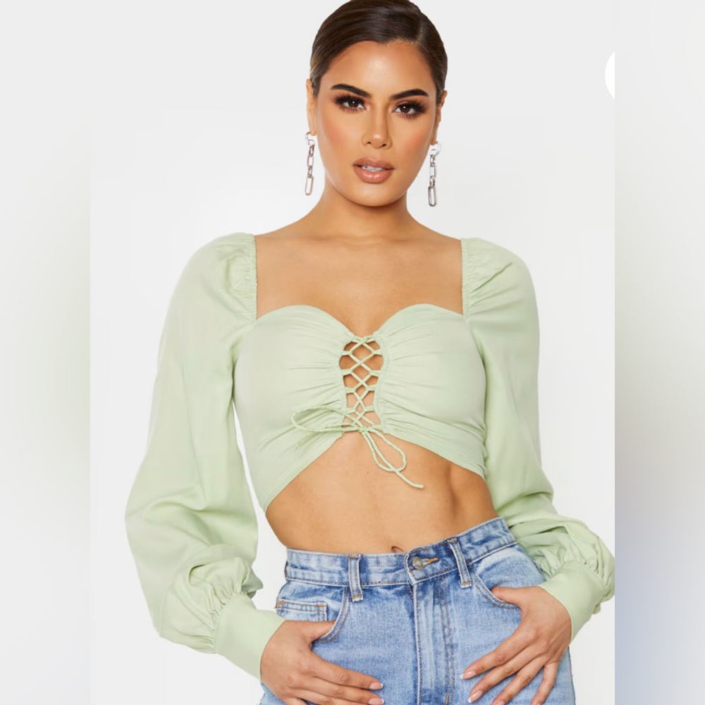 PrettyLittleThing Sage Green Lace Up Long Sleeve Cropped Blouse